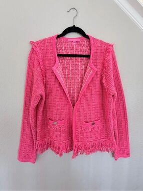 Lilly Pulitzer Pink Fringe Knit Cardigan Jacket Tweed Style Size XL